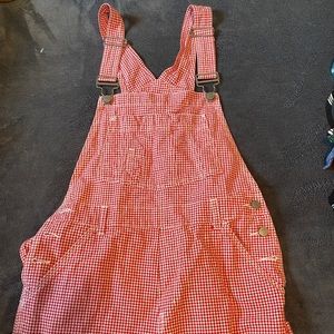 Red and white checked short overalls
